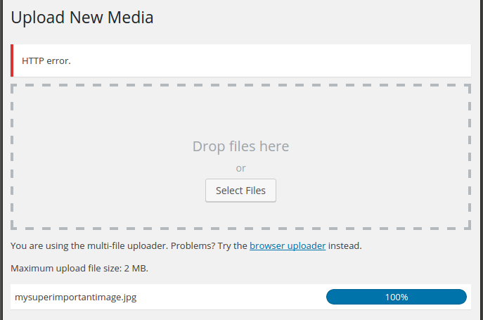 Wordpress media upload http error screenshot